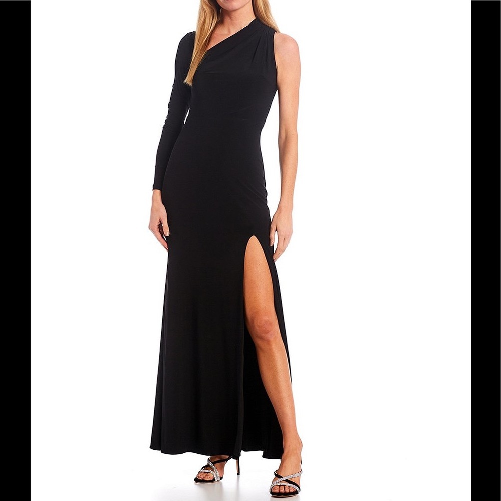 Long sleeve asymmetrical neck high slit stretch gown